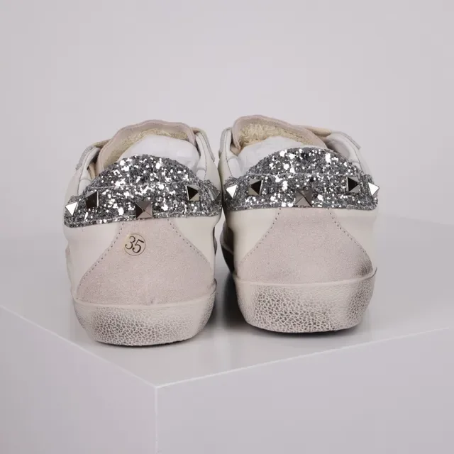 Golden Goose Superstar Sneakers Lifestyle Blancs Argent Cuir Distressed Glitter Heel Tab 8