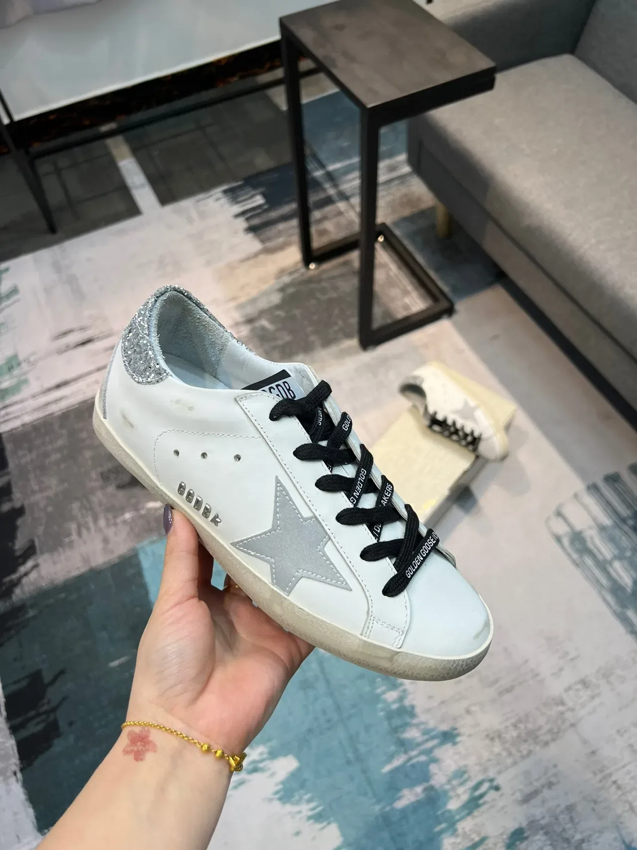 Golden Goose Superstar White Silver Star Glitter Heel Lifestyle Sneakers 6