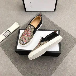 Gucci Ace Beige Black GG Monogram Canvas Leather Trim Loafer