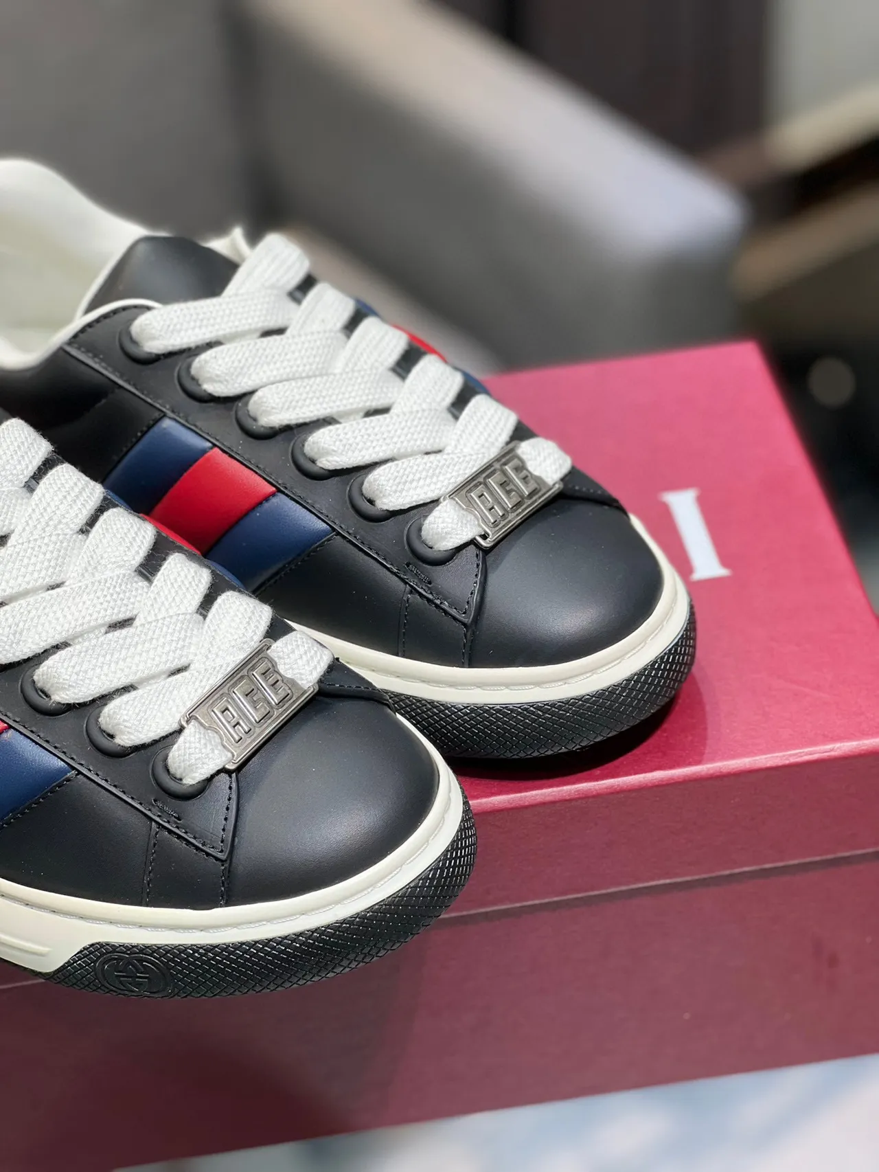Gucci Ace Black Red Navy Web Stripe Lifestyle Sneakers 4