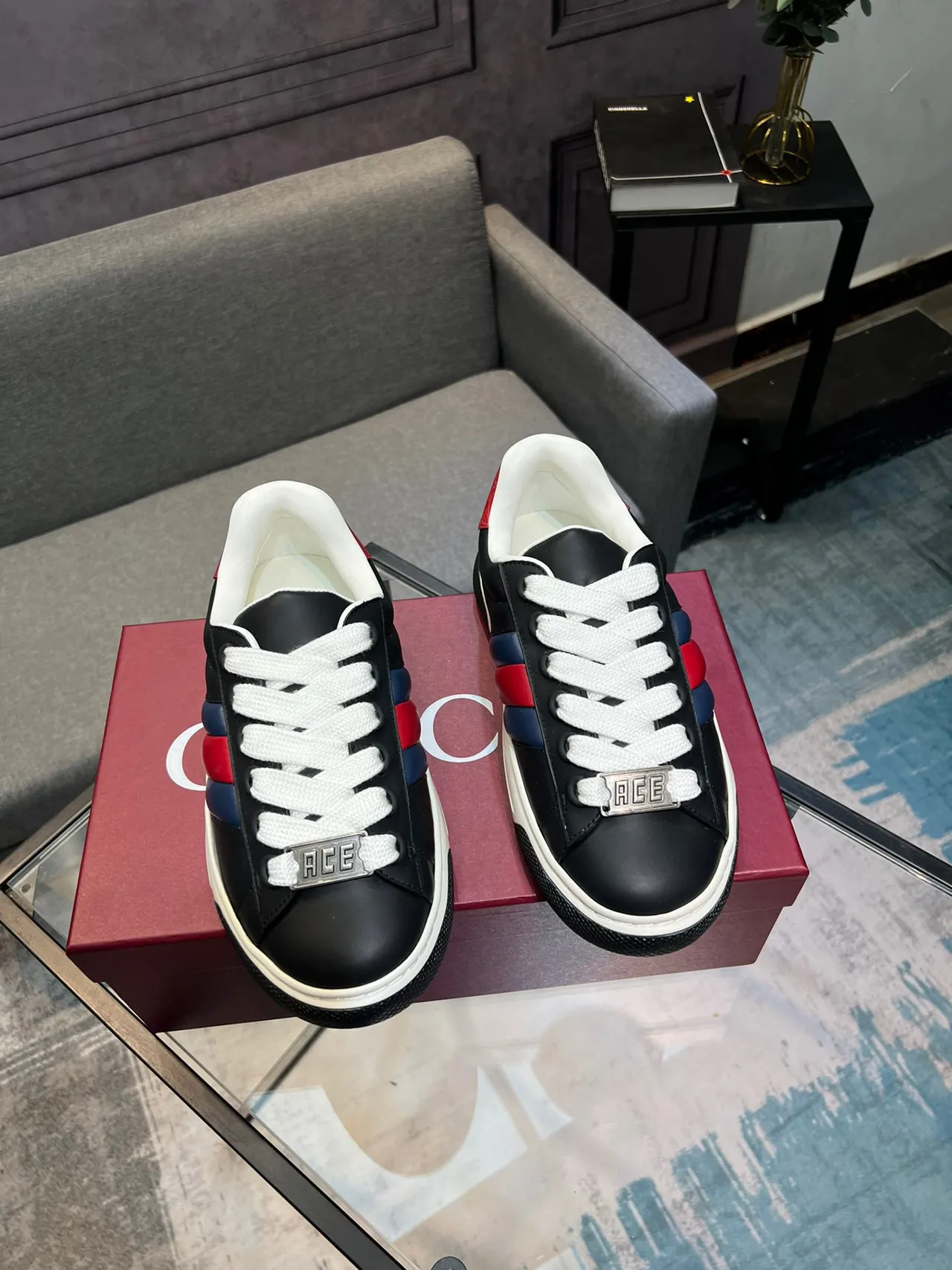 Gucci Ace Black Red Navy Web Stripe Lifestyle Sneakers 6