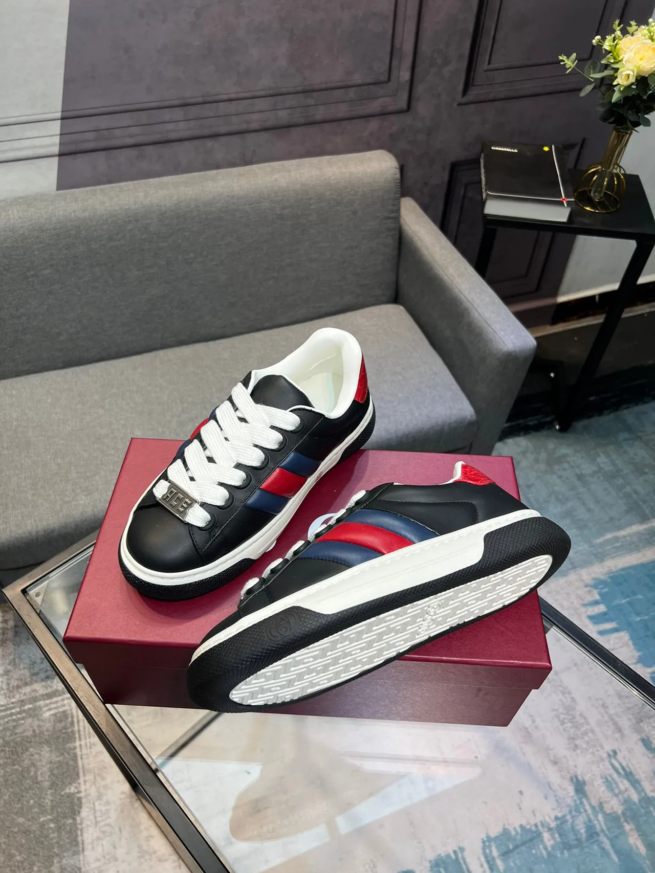 Gucci Ace Black Red Navy Web Stripe Lifestyle Sneakers 8