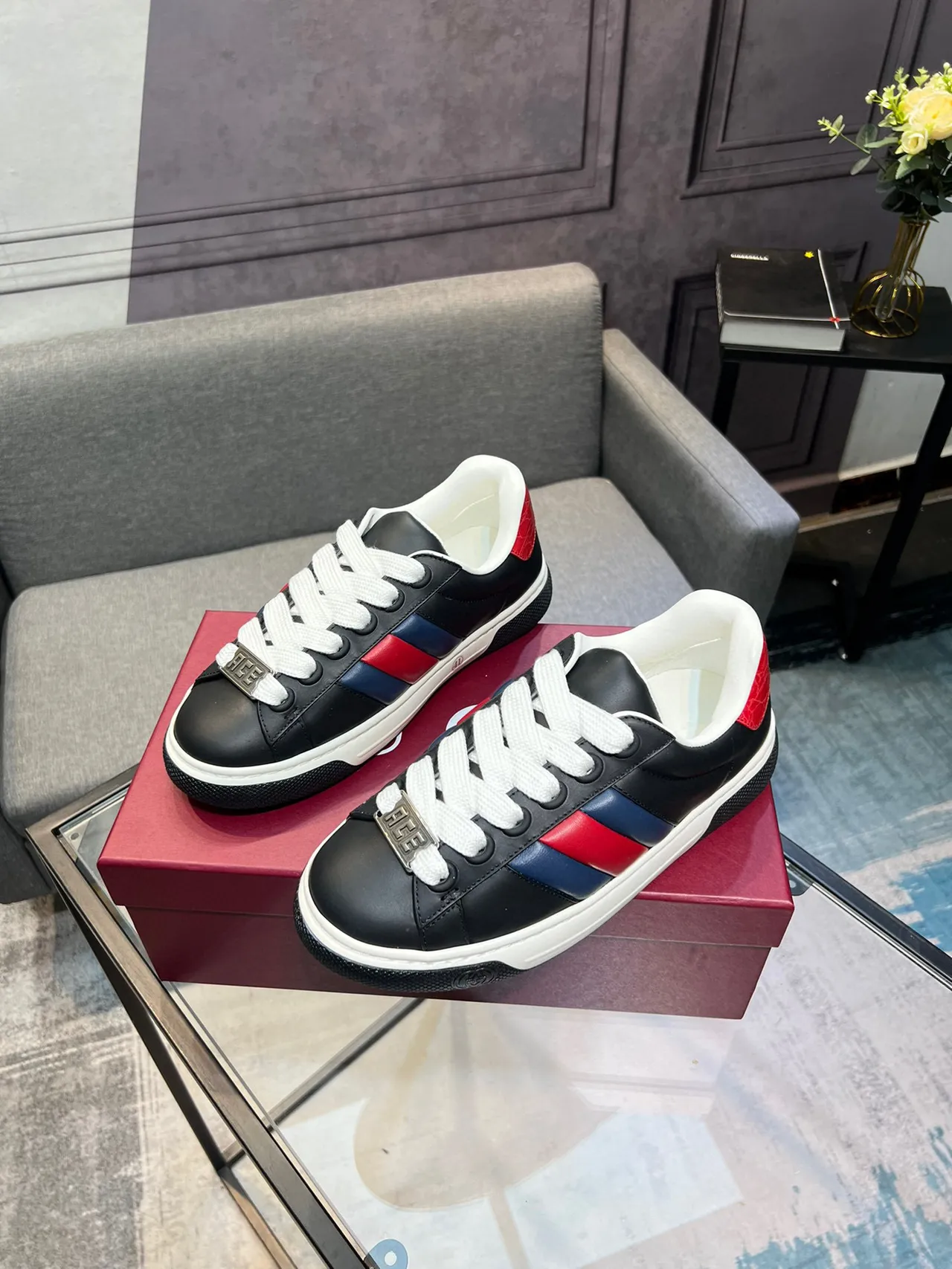 Gucci Ace Black Red Navy Web Stripe Lifestyle Sneakers 9