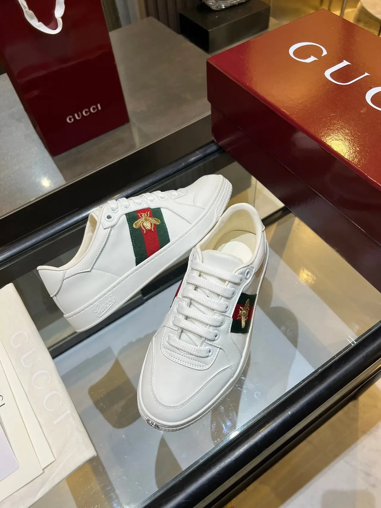 Gucci Ace White Leather Web Stripe Gold Bee Lifestyle Sneakers 2