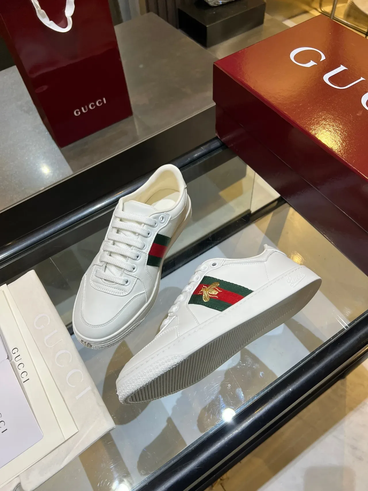 Gucci Ace White Leather Web Stripe Gold Bee Lifestyle Sneakers 4