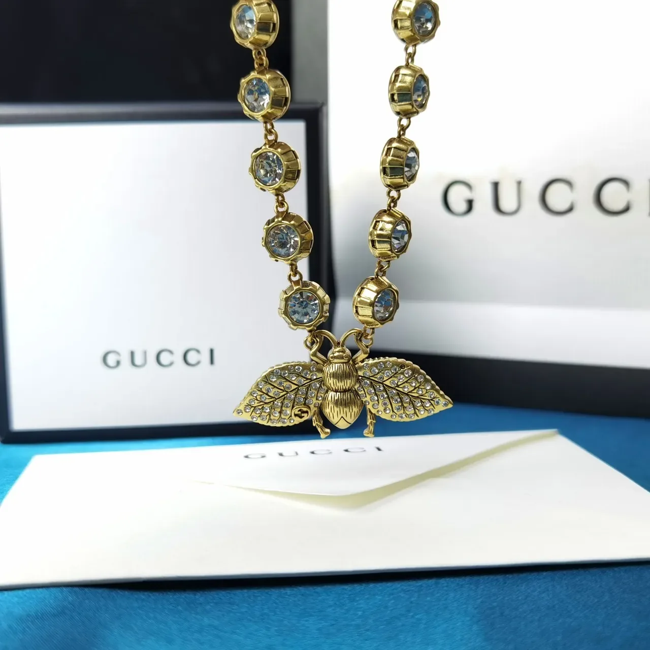 Gucci Bee Motif Crystal-Embellished Gold-Tone Necklace 5