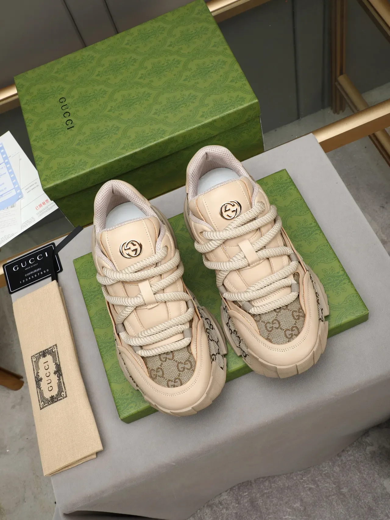 Gucci GG Monogram toile beige marron lacets corde sneakers chunky 2