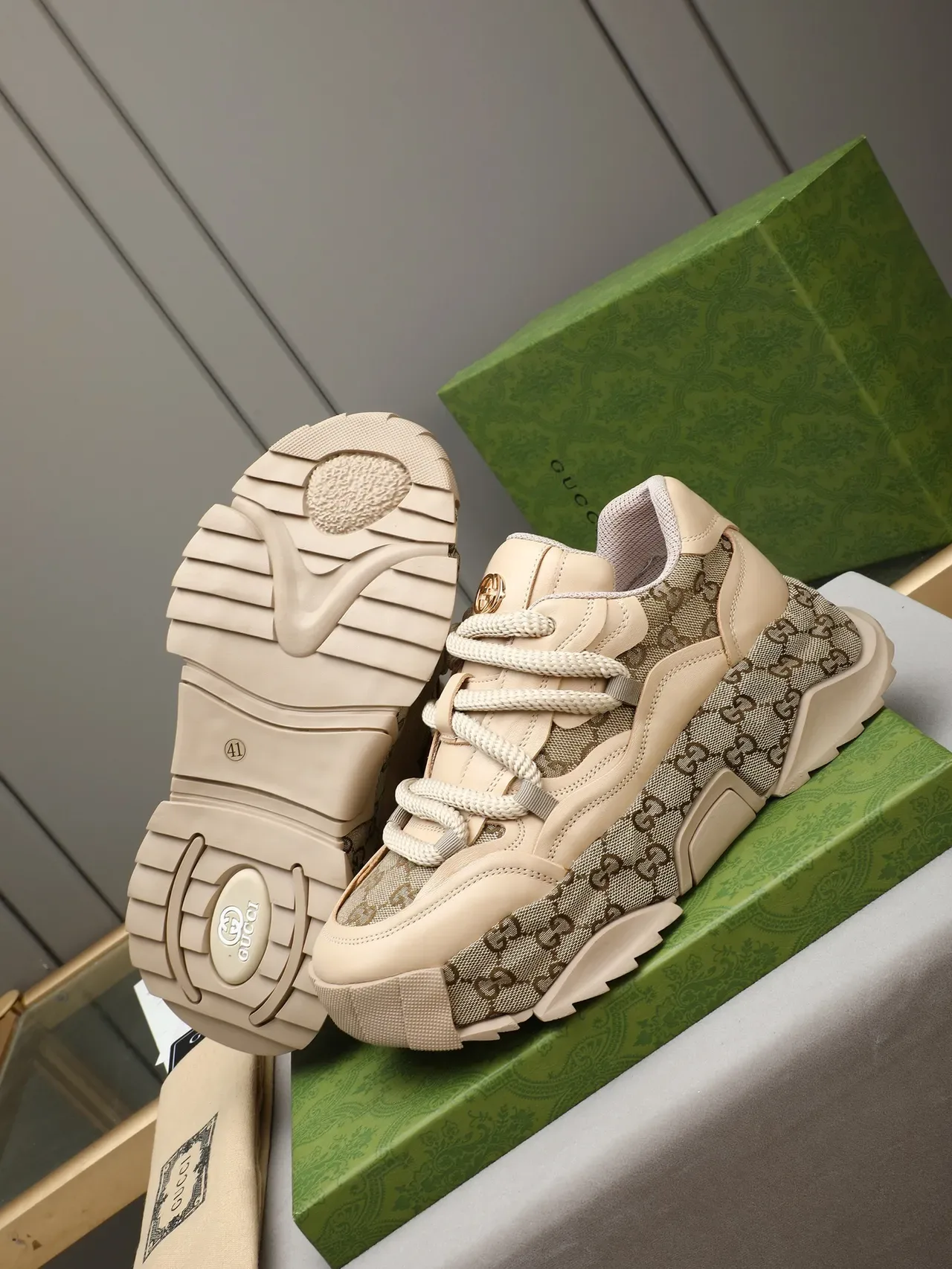 Gucci GG Monogram toile beige marron lacets corde sneakers chunky 4