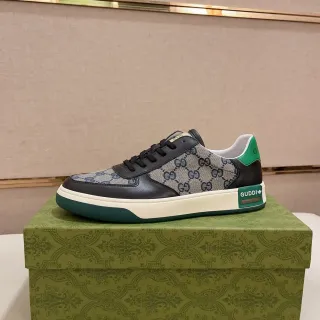 Gucci Beige Green GG Monogram Canvas Black Leather Overlays Lifestyle Sneakers