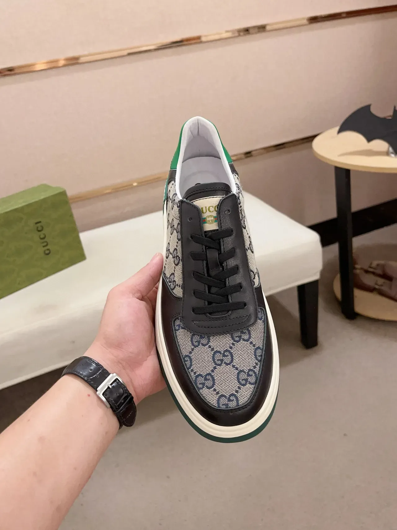 Gucci Beige Green GG Monogram Canvas Black Leather Overlays Lifestyle Sneakers 2