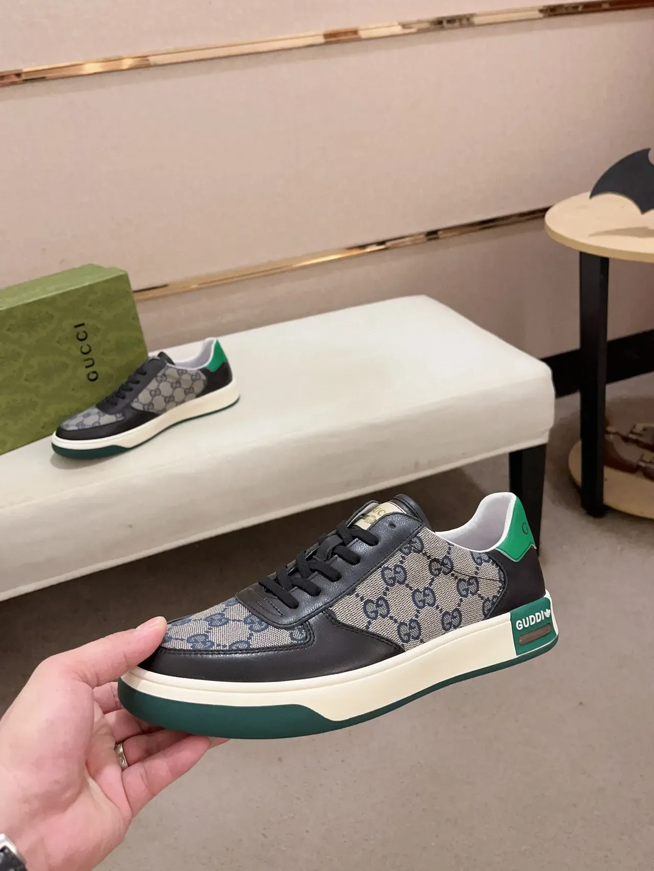 Gucci Beige Green GG Monogram Canvas Black Leather Overlays Lifestyle Sneakers 3