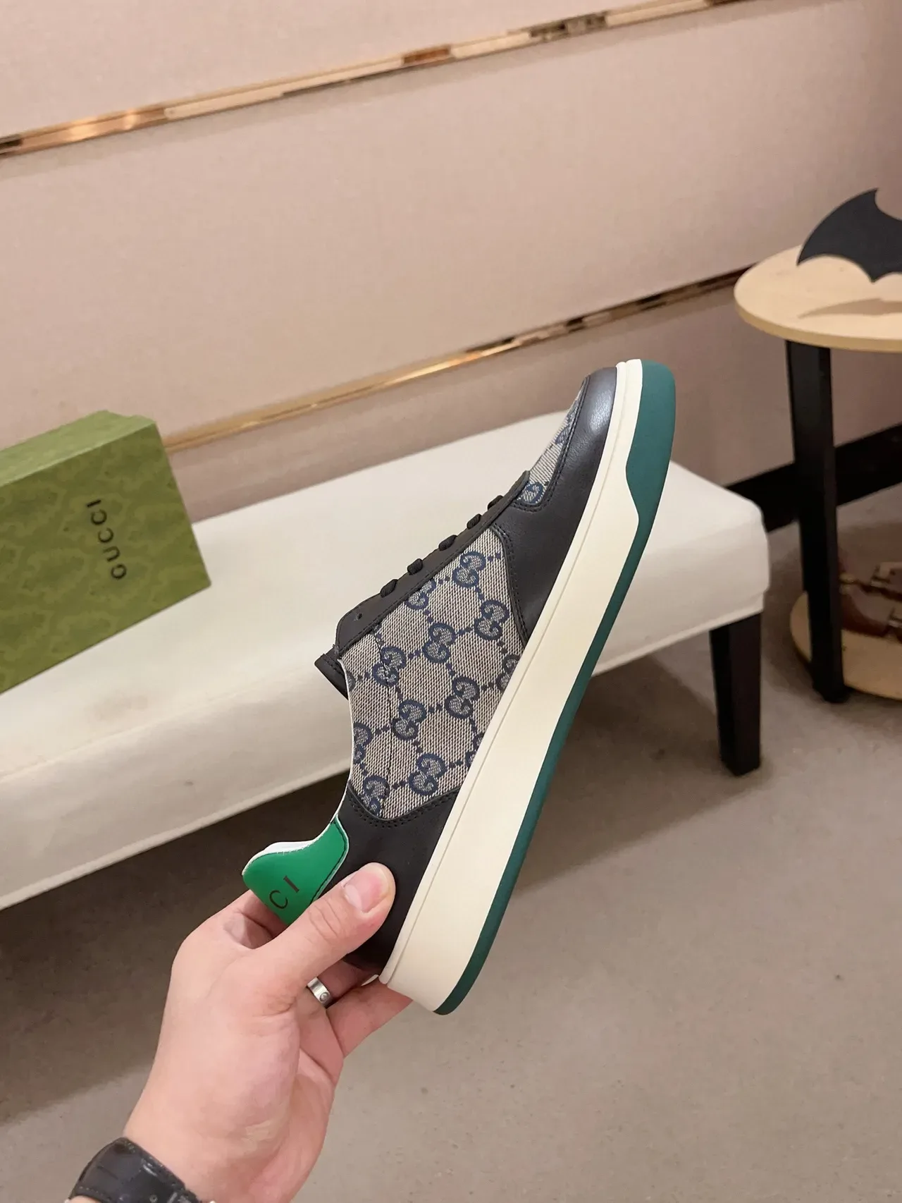 Gucci Beige Green GG Monogram Canvas Black Leather Overlays Lifestyle Sneakers 5