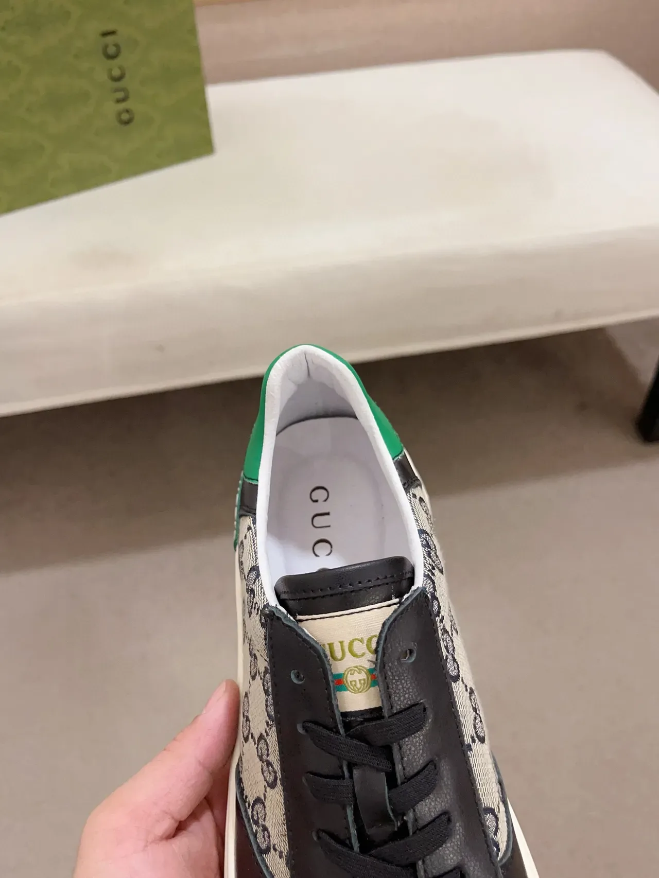 Gucci Beige Green GG Monogram Canvas Black Leather Overlays Lifestyle Sneakers 6