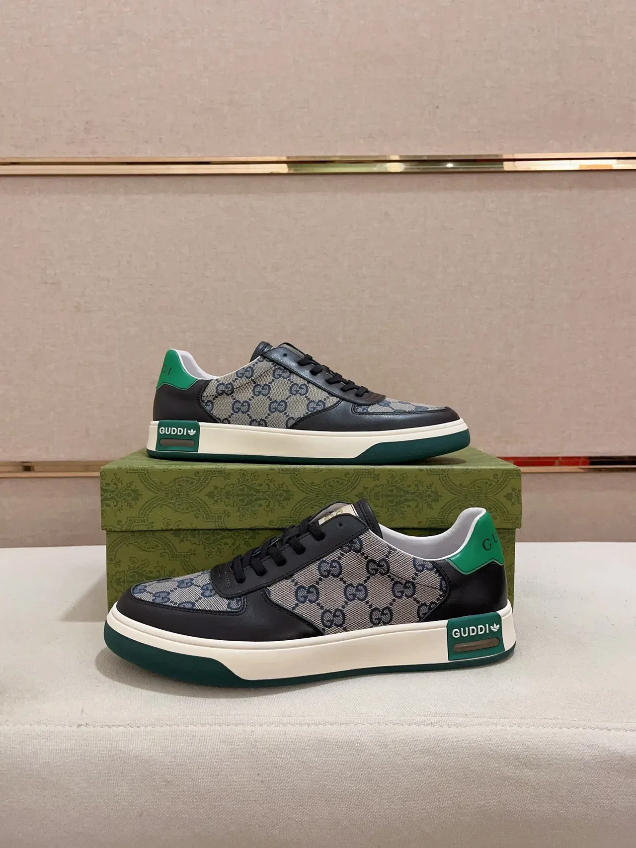 Gucci Beige Green GG Monogram Canvas Black Leather Overlays Lifestyle Sneakers 7