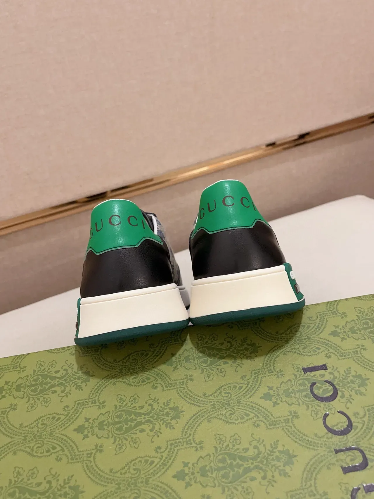 Gucci Beige Green GG Monogram Canvas Black Leather Overlays Lifestyle Sneakers 8