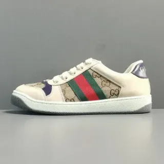 Gucci Beige Purple GG Monogram Canvas Red-Green Web Stripe Lifestyle Sneakers