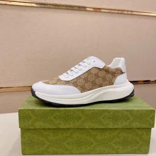 Gucci Beige White GG Monogram Canvas Leather Overlays Lifestyle Sneakers