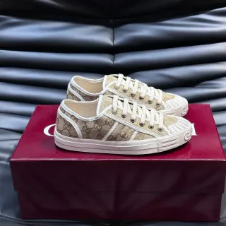 Gucci Beige White Monogram Canvas Upper Rubber Sole Lifestyle Sneakers