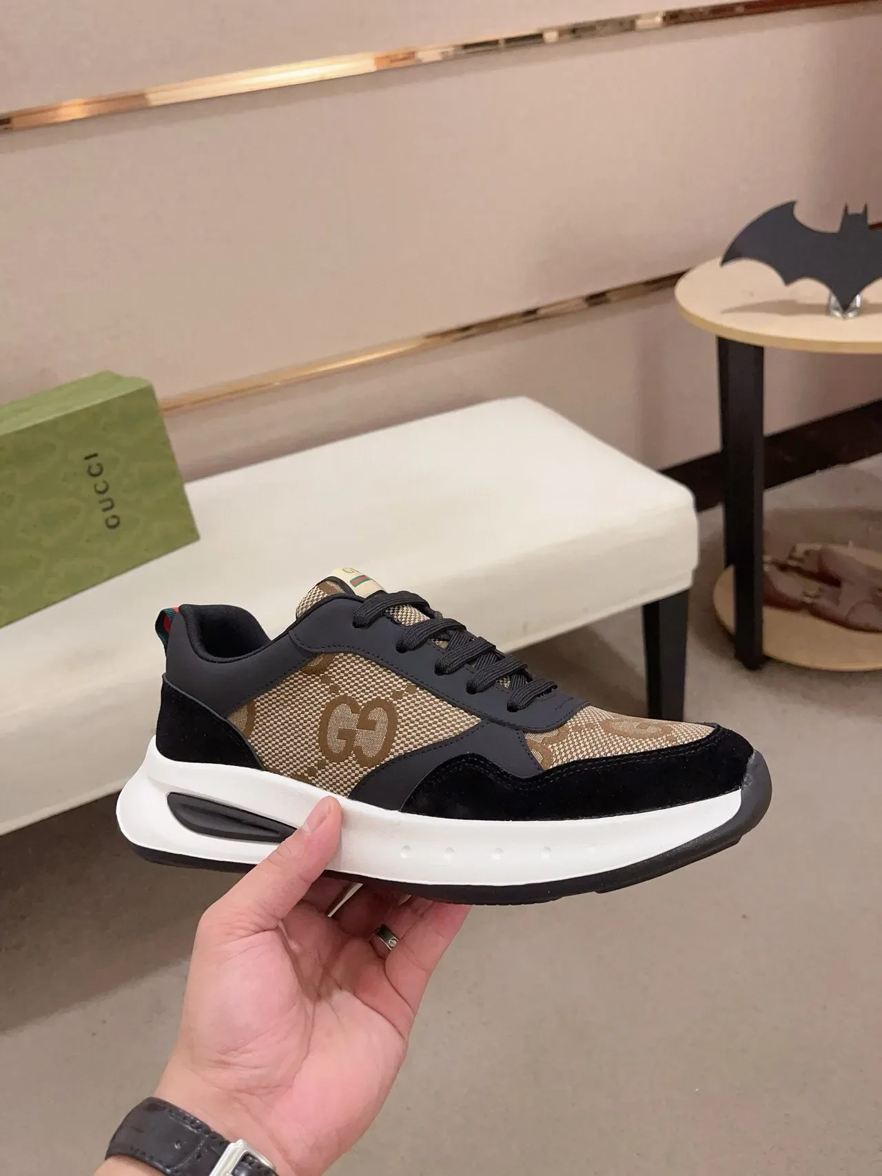 Gucci Noir Beige GG Monogram Toile Suède Superpositions Lifestyle Sneakers 4