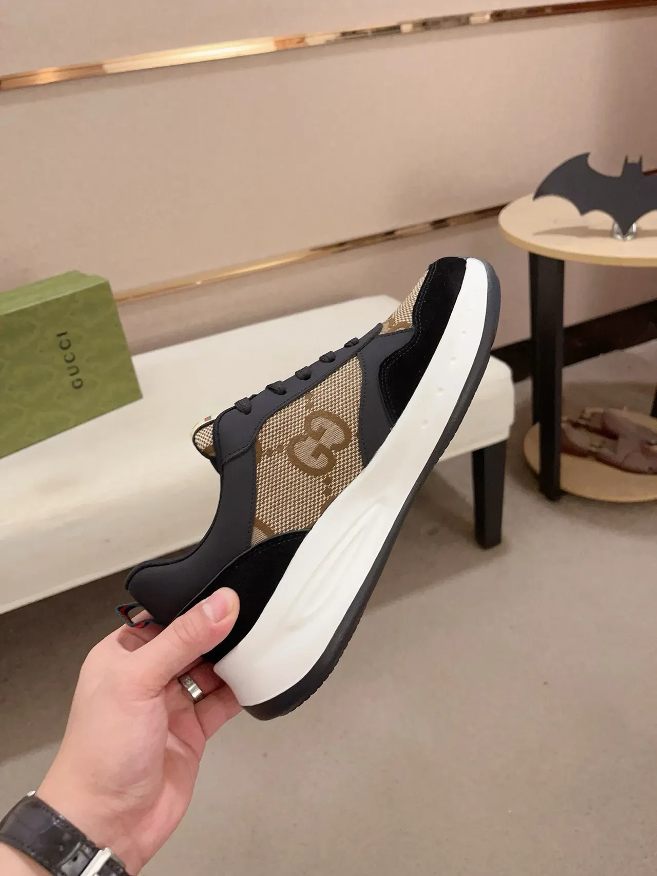 Gucci Noir Beige GG Monogram Toile Suède Superpositions Lifestyle Sneakers 5