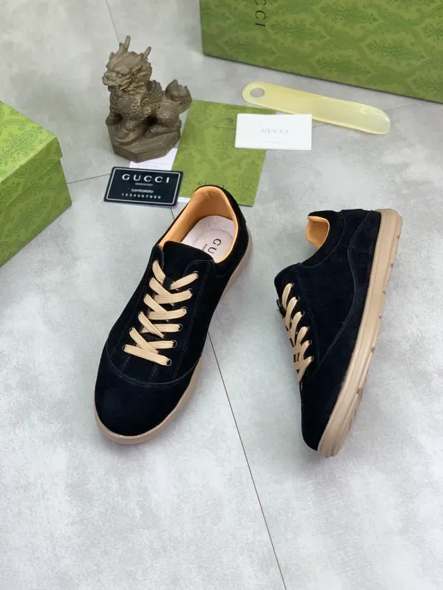 Gucci Black Beige Suede Upper Contrast Laces Casual Shoes 2