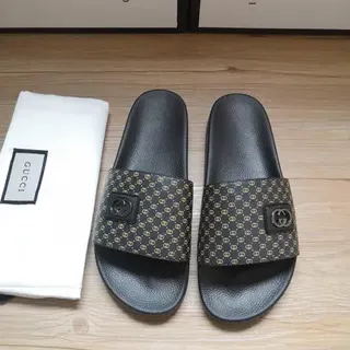 Gucci Black Gold Monogrammed Strap Interlocking G Buckle Slippers