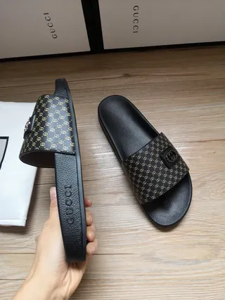 Gucci Black Gold Monogrammed Strap Interlocking G Buckle Slippers 2