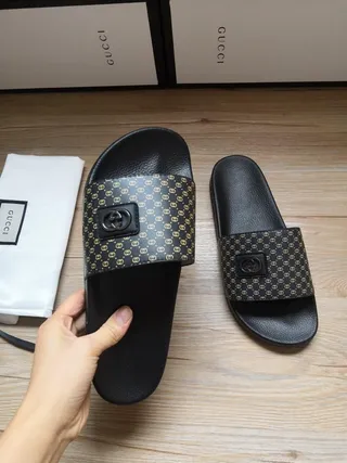 Gucci Black Gold Monogrammed Strap Interlocking G Buckle Slippers 3