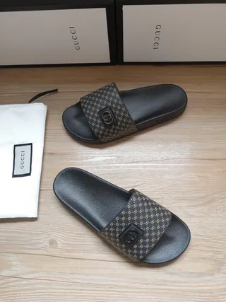 Gucci Black Gold Monogrammed Strap Interlocking G Buckle Slippers 4
