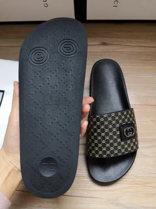 Gucci Black Gold Monogrammed Strap Interlocking G Buckle Slippers 5