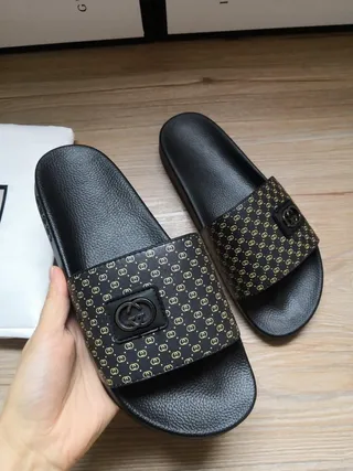 Gucci Black Gold Monogrammed Strap Interlocking G Buckle Slippers 6