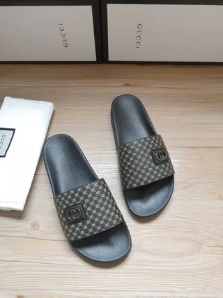 Gucci Black Gold Monogrammed Strap Interlocking G Buckle Slippers 7