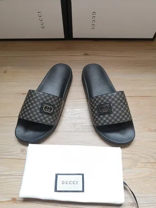 Gucci Black Gold Monogrammed Strap Interlocking G Buckle Slippers 8