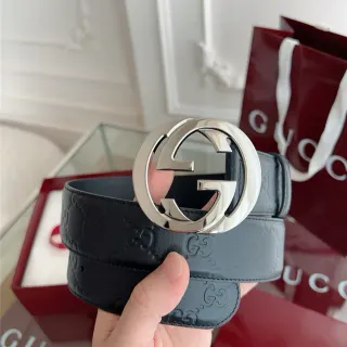 Gucci Black Gray Embossed GG Monogram Interlocking G Buckle Leather Belt