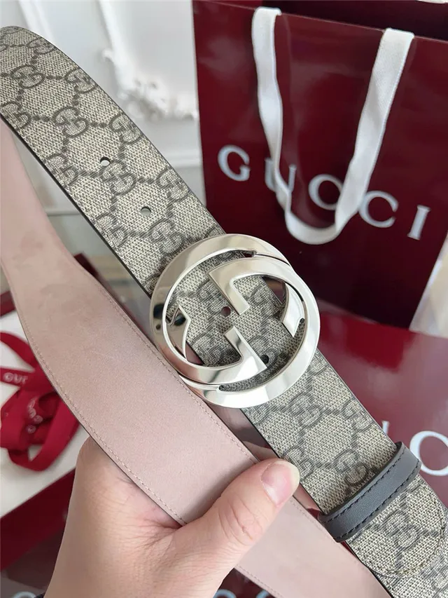Gucci Black Gray Embossed GG Monogram Interlocking G Buckle Leather Belt 5