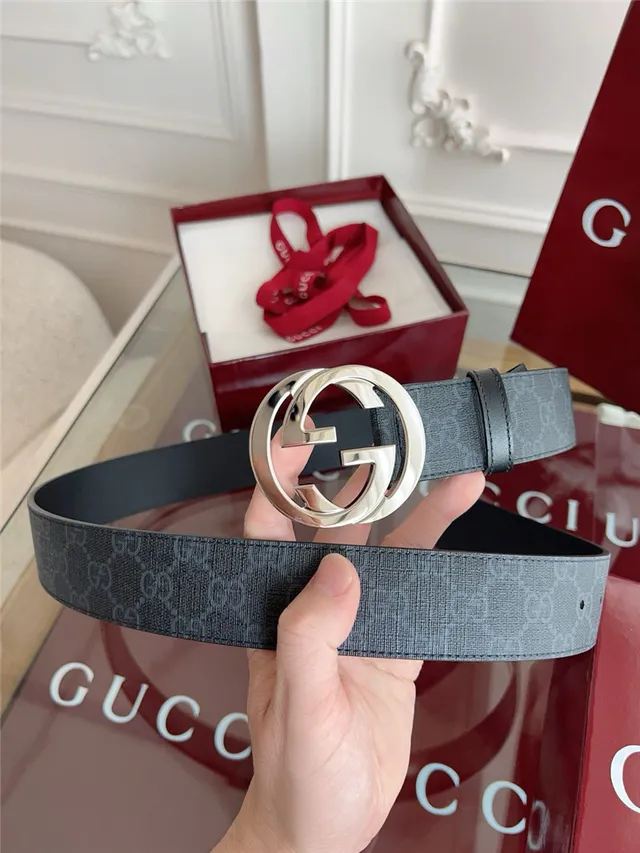 Gucci Black Gray Embossed GG Monogram Interlocking G Buckle Leather Belt 10