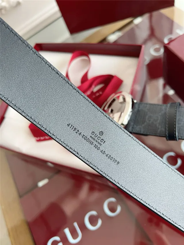 Gucci Black Gray Embossed GG Monogram Interlocking G Buckle Leather Belt 12