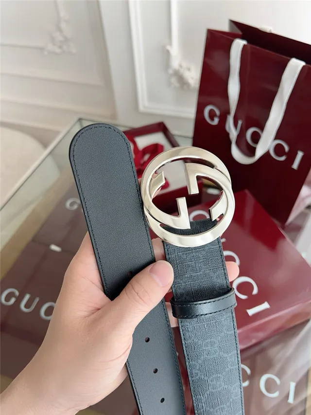 Gucci Black Gray Embossed GG Monogram Interlocking G Buckle Leather Belt 13