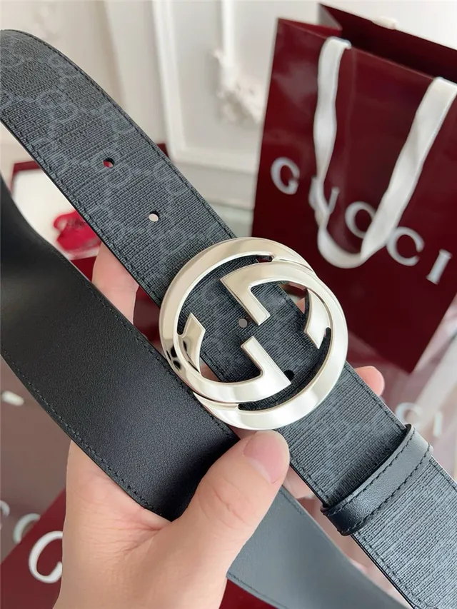 Gucci Black Gray Embossed GG Monogram Interlocking G Buckle Leather Belt 14