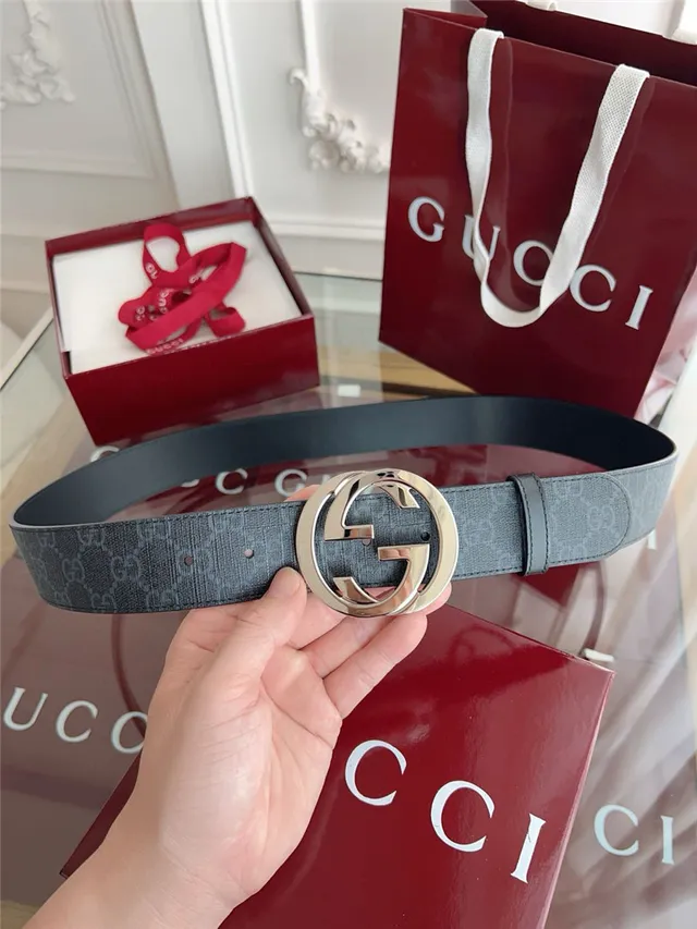 Gucci Black Gray Embossed GG Monogram Interlocking G Buckle Leather Belt 15