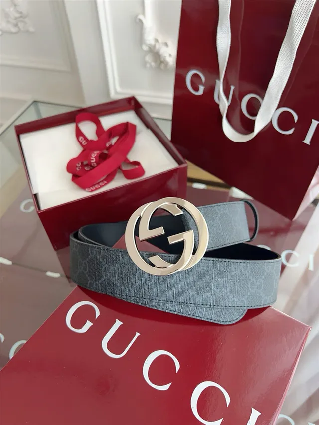 Gucci Black Gray Embossed GG Monogram Interlocking G Buckle Leather Belt 16