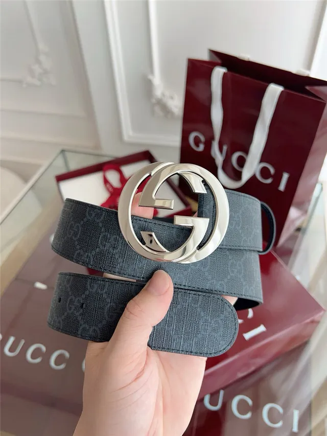 Gucci Black Gray Embossed GG Monogram Interlocking G Buckle Leather Belt 17