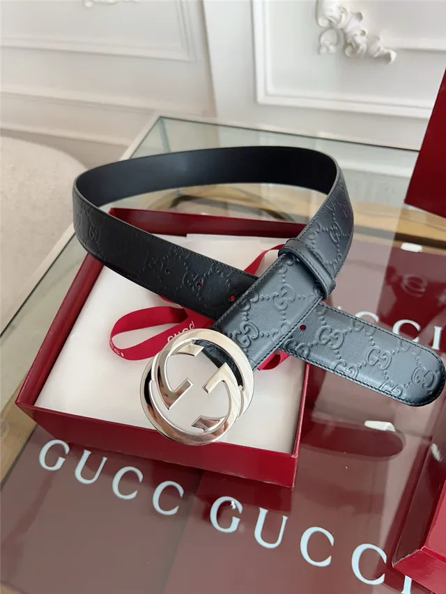 Gucci Black Gray Embossed GG Monogram Interlocking G Buckle Leather Belt 19
