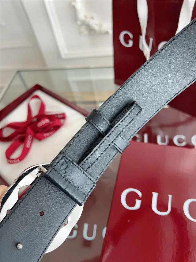 Gucci Black Gray Embossed GG Monogram Interlocking G Buckle Leather Belt 20