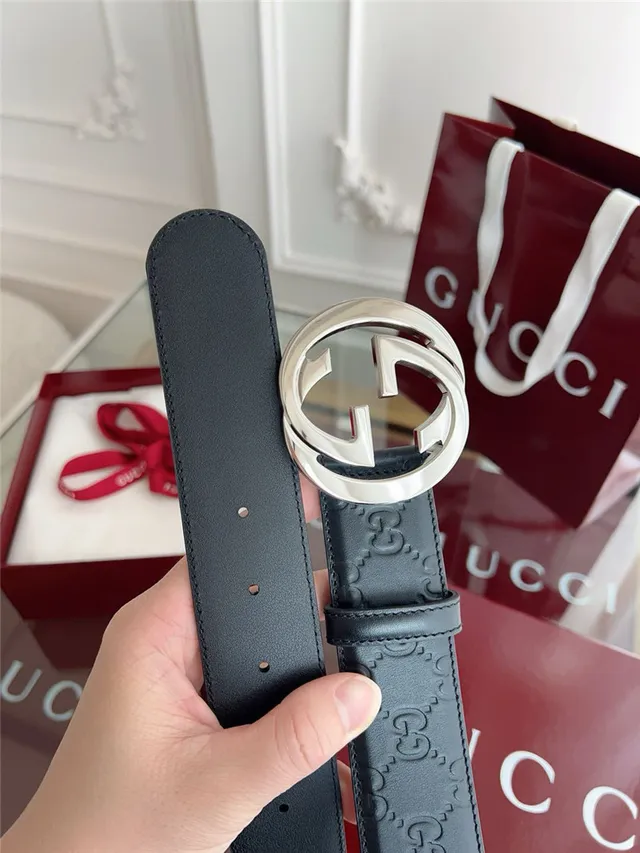 Gucci Black Gray Embossed GG Monogram Interlocking G Buckle Leather Belt 21