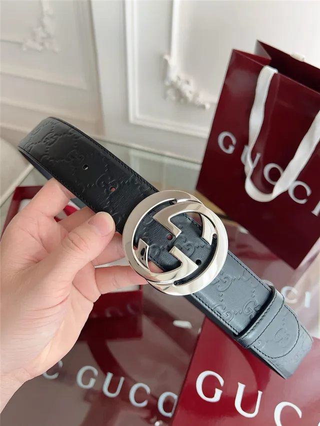 Gucci Black Gray Embossed GG Monogram Interlocking G Buckle Leather Belt 23