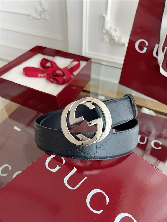 Gucci Black Gray Embossed GG Monogram Interlocking G Buckle Leather Belt 24