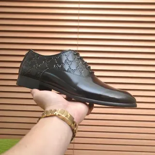 Gucci Black Polished Leather Embossed GG Monogram Oxford Shoes