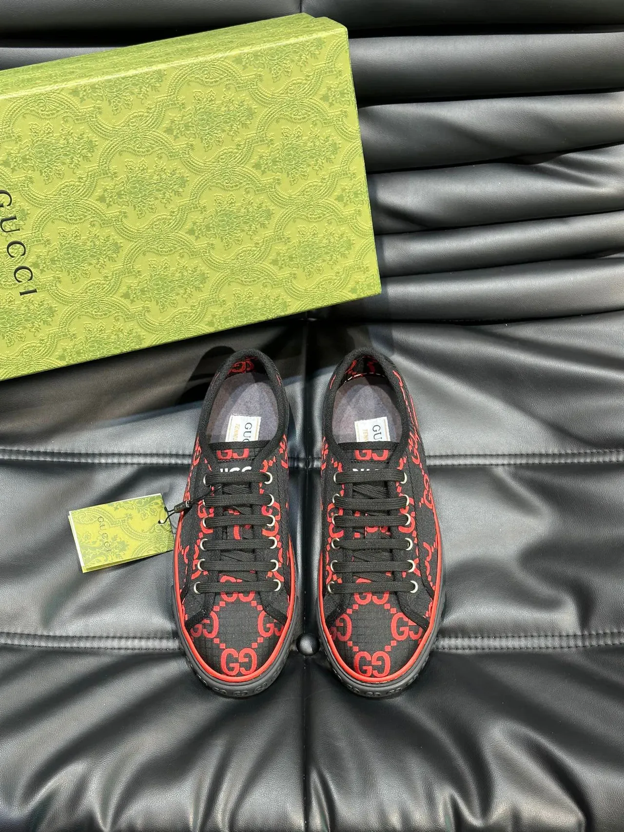 Gucci Black Red GG Monogram Print Flat Rubber Sole Lifestyle Sneakers 2