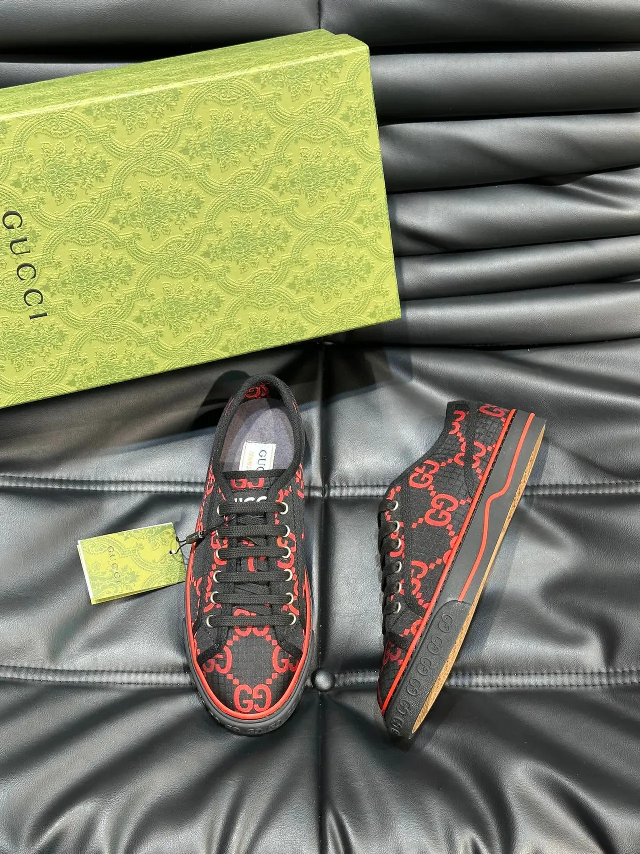 Gucci Black Red GG Monogram Print Flat Rubber Sole Lifestyle Sneakers 3